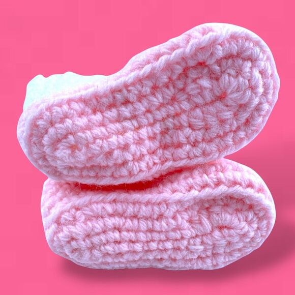 Handmade Crocheted Pink Mary Janes w/ White Socks Vintage Baby Booties NEW - Picture 5 of 6
